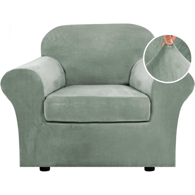 Rich Velvet Stretch 2 Piece Chair Cover by H.versailtex, shown in a soft green shade, designed to fit chairs with a width up to 49 inches. The slipcover features a plush velvet texture, elastic bottom, and separate cushion cover for a snug fit. Ideal for protecting furniture from stains and wear, it is suitable for both leather and cloth chairs. A close-up inset highlights the soft and stretchy fabric.