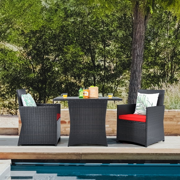 Gymax Ensemble Bistro en Osier pour Patio 3 Pcs Ensemble de Table à Manger en Rotin PE avec Coussins Rouges
