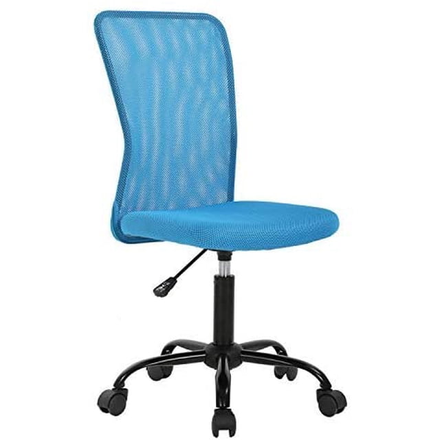 FDW Home Office Chair Mid Back Mesh Armless Ergonomic Task Rolling Back Support Adjustable, Lumbar Support, Blue. This office chair features a breathable blue mesh backrest and seat, designed for comfort and long-term use. It includes built-in lumbar support, a height-adjustable seat, and a swivel base with silent PU casters suitable for various floor types. The chair's modern design complements office or home interiors.
