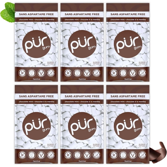 PUR Gum, Chocolate Mint, Aspartame Free, Sugar Free & 100% Xylitol Chewing Gum, 55 Pieces, Pack of 6