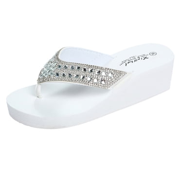 Women's Rhinestone Wedge Sandals Lightweight Slip On Platform Flip Flops Casual Summer Beach Thong Sandals White Size 7.5