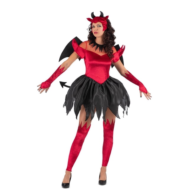 Adult Premium She Devil Costume in red and black featuring a fitted dress with jagged black skirt, red bodice with off-shoulder sleeves, black wings, tail, red gloves, leg warmers with flame-like edges, and a horned headpiece, ideal for Halloween and cosplay.