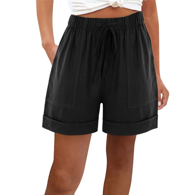 Timegard Wide Leg Shorts for Women Cotton Linen Elastic High Waisted Drawstring Loose Shorts with Pockets