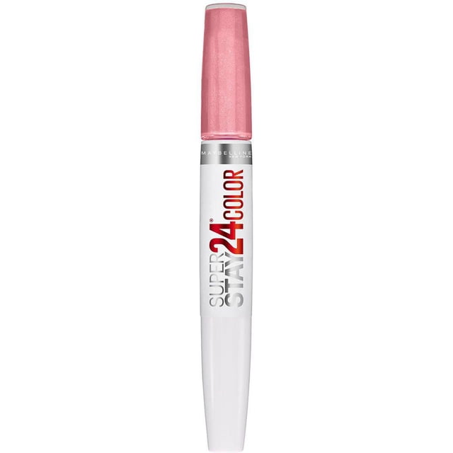 Maybelline New York Superstay Rouge à Lèvres en tube Mince à Double Extrémité avec Capuchon Rose Clair et base Blanche, Étiqueté « Super Stay 24 Color » en Rouge et Argent, Offrant une Couleur pour les Lèvres Longue Tenue Conçue jusqu'à 24 Heures de Port et Adaptée à Superposer avec un Baume pour l'Hydratation.