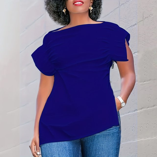 Liquidation & Promo, T-shirt Blouse Décontracté à Col Rond Manches Courtes Bouffantes avec Fermeture Éclair pour l'Été et Usage Quotidien Polyvalent 95 % Polyester, 5 % Spandex, Bleu, Sopatenor