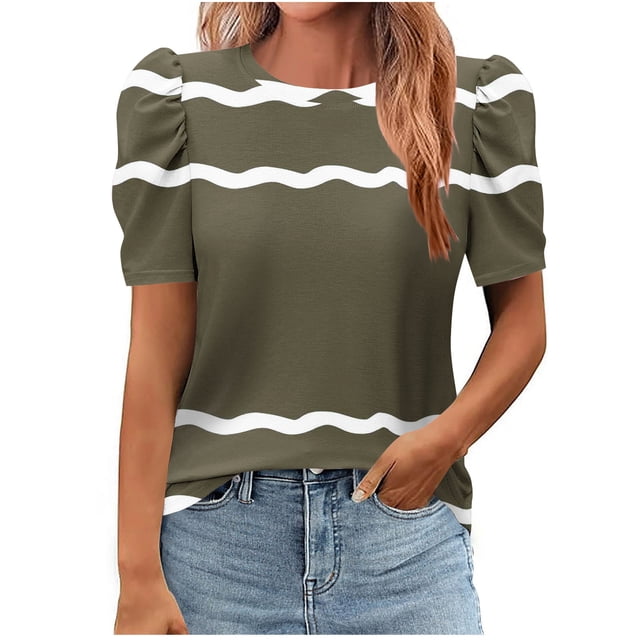 Pisexur Hauts pour Femmes, Hauts de Sortie pour Femmes & T-Shirt à Manches Courtes Col Rond Imprimé, Haut Ample, Hauts de Printemps pour Femmes Vert Armée, m