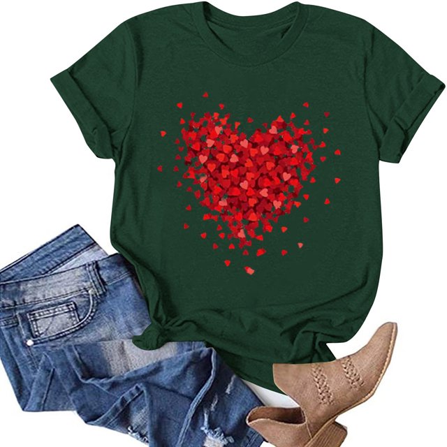 TIMIFIS T-Shirts à Manches Courtes de la Saint-Valentin pour Femmes Mode Décontractée Col Rond T-Shirt Imprimé Cœur d'Amour T-Shirt d'Été Ample Col Rond T-Shirts