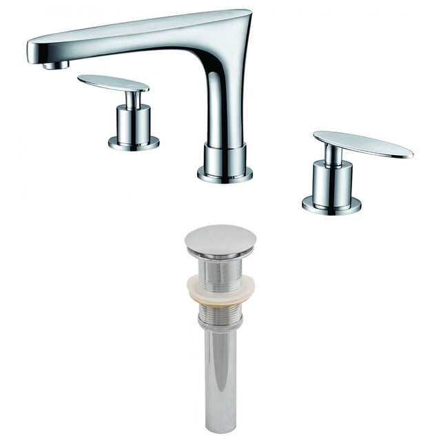 American Imaginations 13.5-in. W Bathroom Faucet Set Chrome AI-2014 with oval-shaped chrome faucet, two lever handles, and matching chrome sink drain, constructed from stainless steel with brass finish for above-counter bathroom sink installation, CUPC certified for durability.