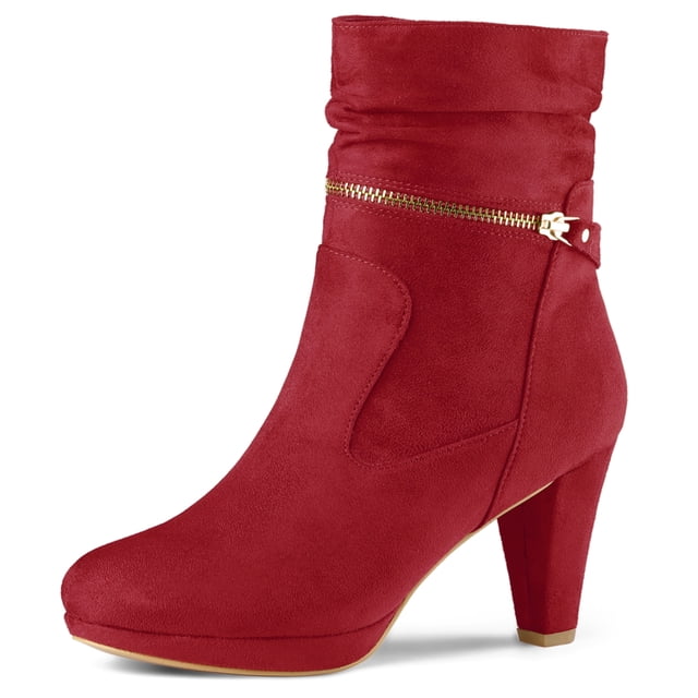 Unique Bargains Bottes Mi-Mollet à Plateforme à Talons Hauts à Fermeture Éclair à la Cheville pour Femmes Rouge (Taille 7,5)