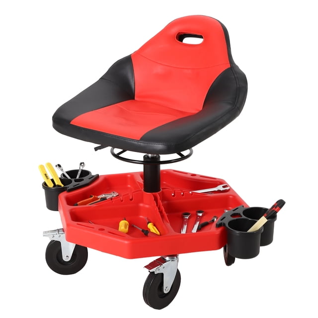 QinaQin Tabouret de Travail à Roulettes Robuste Verrouillable, Capacité de 300 Lb, Hauteur Réglable, avec Plateau à Outils, Chaise de Mécanicien de Garage avec Coussin Doux