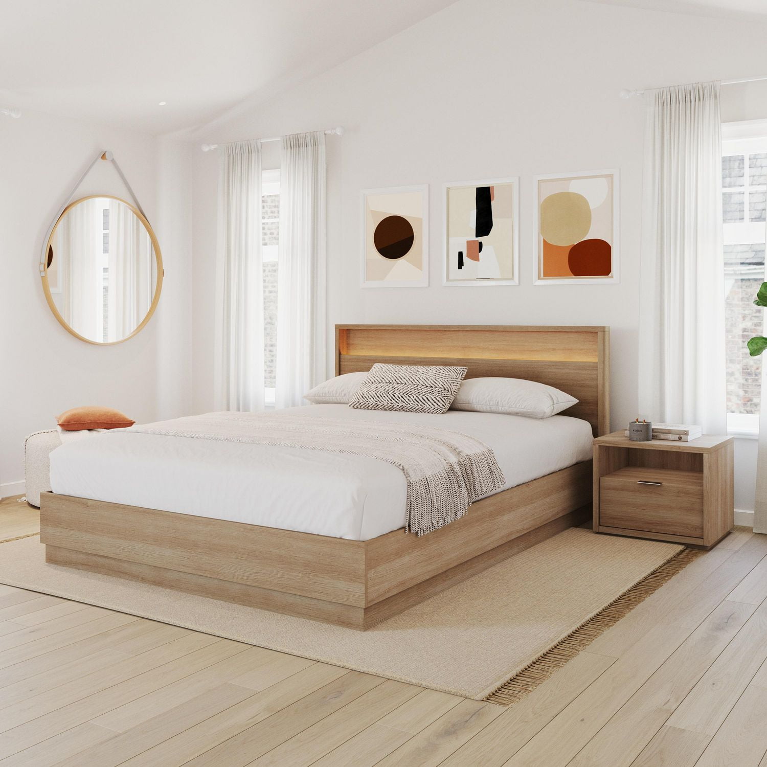 Ensemble de chambre à coucher Harlow 3 pièces avec sommier à lattes, tête de lit avec éclairage intégré et table de chevet