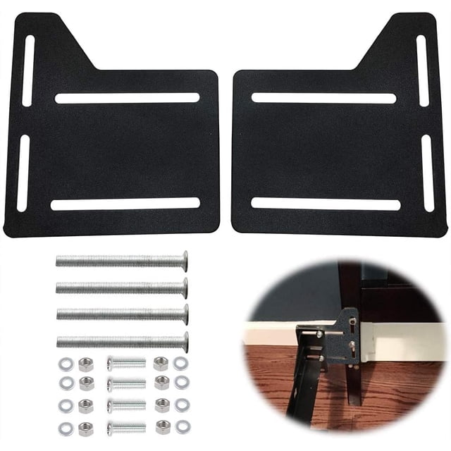 2 Pcs Adaptateur de Supports de Cadre de Lit pour Tête de Lit Supplémentaire, Plaque de Modification de Lit Robuste en Acier Plaqué Électrophorèse Noir pour Prévenir la Rouille et la corrosion. Comprend des Boulons, Vis, Rondelles et Écrous pour l'Installation. Conçu avec Plusieurs Fentes pour un Dimensionnement Ajustable, Idéal pour les conversions de Cadre de Lit Double vers Grand Ou Très Grand vers California Très Grand. un Encart Gros Plan Met en Valeur le Support Solidement Fixé à un Cadre de Lit, Mettant en Valeur Sa Fonctionnalité comme Quincaillerie d'Accessoire de Tête de Lit