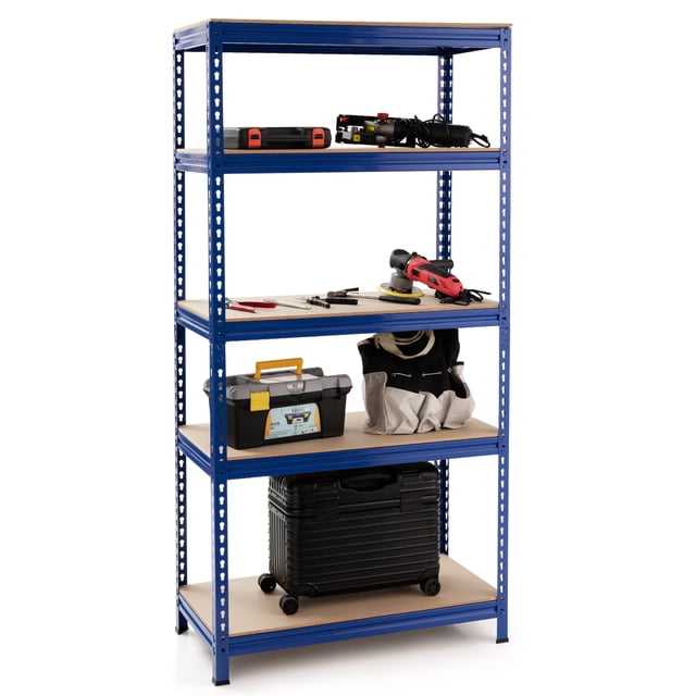 Patiojoy 5-Tier Industrial Steel Storage Shelves Garage Rack with Adjustable Shelves in navy blue. Designed for garage storage, this shelving unit features a durable steel frame and P2 MDF boards, supporting up to 600 lbs per tier. The boltless design ensures easy assembly, while adjustable shelves provide flexibility for various item sizes. The compact rack is displayed holding tools, equipment, and storage boxes, ideal for organizing garages or small spaces.
