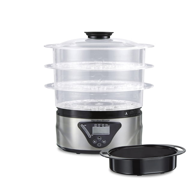Hamilton Beach 3-Tier Digital Food Steamer with stainless steel base, three clear stackable steaming bowls, clear lid, digital touchpad controls, and black water reservoir drawer for easy refilling, suitable for steaming nutritious meals.