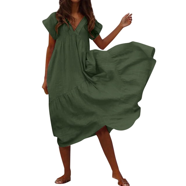 Ketyyh-chn99 Blouses pour Femmes Mode Chic Grande Taille Robe Soleil Robes pour Femmes Robe Droite Unie pour Vacances Robe à Enfiler Robe de Plage Vert,2TG