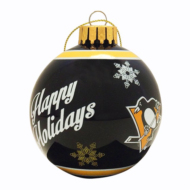 Pittsburgh Penguins Printed Glass Ball Ornament featuring team logo, name, and snowflake designs in team colours. Measures approximately 2.75 inches in diameter, with a gold cap and hanging loop. Officially licensed by the NHL.