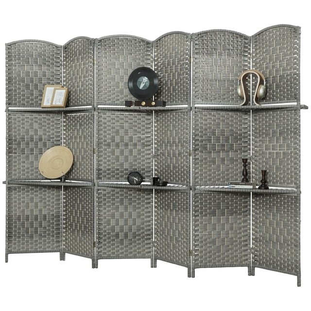 HOMCOM Folding Privacy Screen with Shelves, 6 Panel Room Divider, Grey. This handwoven diamond-patterned screen features a solid pine frame and two long shelves for vertical storage, ideal for displaying books or decor. Measures 94.5 inches long, 70.9 inches high, and folds to 4.7 inches thick for easy storage. Non-slip foot pads enhance stability, making it suitable for creating privacy or showcasing items in open-plan spaces.
