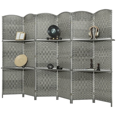 HOMCOM Folding Privacy Screen with Shelves, 6 Panel Room Divider, Grey