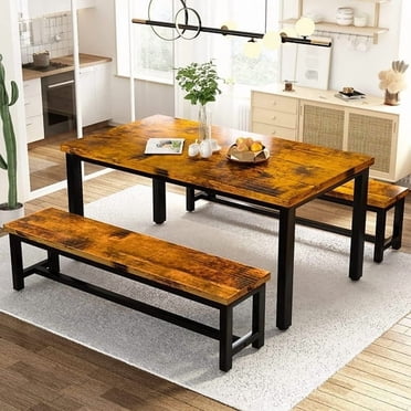 AWQM Dining Table Set with Two Benches, Kitchen Table Chairs Set for 4-6 Persons for Home, Kitchen and Dining Room,Industrial Brown