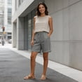 thumbnail image 4 of LVHAOGJOB Womens Elastic Waist Shorts with Pockets Cottton Linen Summer Solid Color Loose Drawstring Shorts Pants for Ladies Gray, 4 of 9