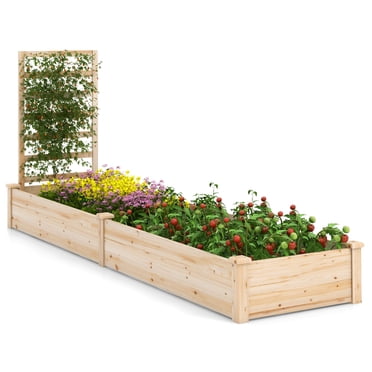 Topbuy Raised Garden Bed with Trellis 93' x 25' x 40' Natural Fir Wood with Divided Space for Vegetables, Flowers, Fruits, Climbing Plants