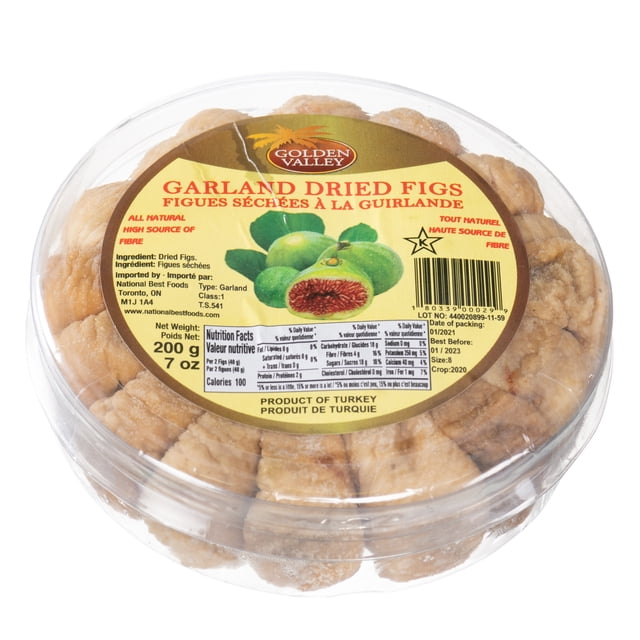 Golden Valley Dried Turkish Figs Garland 200g in a clear round plastic container with a brown and yellow label showing nutrition facts and product origin, containing naturally sweet dried figs ideal for snacking or enhancing Indian and South Asian sweets and baked goods.
