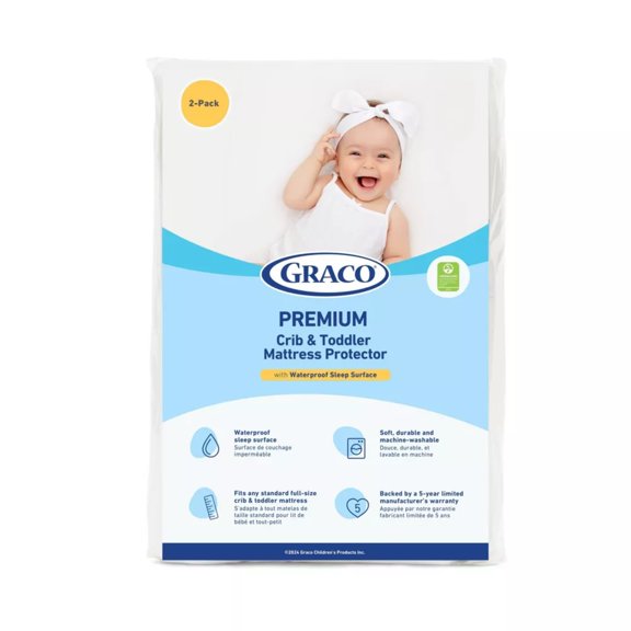 Refurbished Graco Premium Waterproof Crib and Toddler Mattress Protector, 2 Pack - 100% Polyester