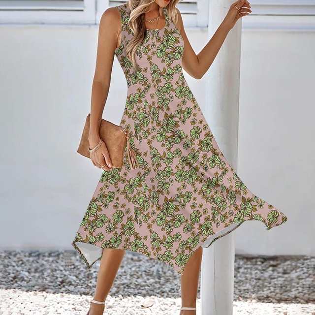 Ovzne Robes d'Été pour Femmes Robe Femme Imprimé Sans Manches Poche Ourlet Irrégulier Col Rond Robe Robe de Printemps Imprimée Liquidation