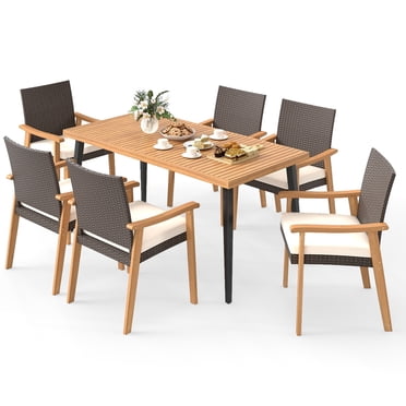 Gymax Ensemble de Salle à Manger de Patio 7 Pcs avec Dessus de Table Trou pour Parasol 1,97 Pieds' Coussin Amovible