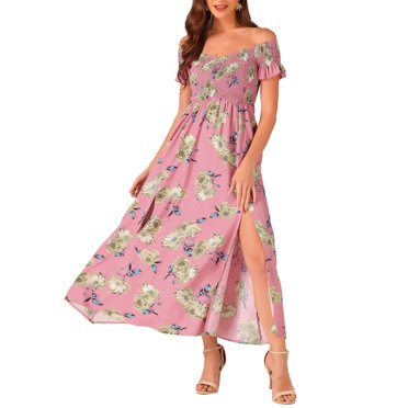INSPIRE CHIC Floral Dresses for Women's Off Shoulder Midi Beach Summer Dress S Pink