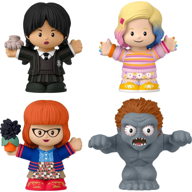 Little People Collector Wednesday Special Edition Set for Adults & Fans featuring four figures: Wednesday Addams in a black pinstripe school uniform holding Thing, Enid Sinclair with blonde hair tipped pink and blue wearing a striped pink sweater and floral skirt, Marilyn Thornhill with red hair in a blue jacket holding a black flower pot, and The Hyde monster as a muscular gray figure with orange hair, all with arms raised.