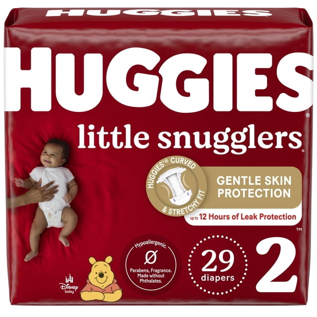 Huggies Little Snugglers Diapers jumbo pack size 2 with 29 diapers, featuring gentle skin protection, up to 12 hours of leak protection, curved and stretchy fit, hypoallergenic and fragrance-free formula, and Disney Winnie the Pooh design on red packaging.