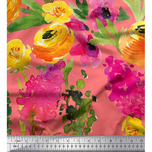 Soimoi Orange Rayon Fabric Leaves & Floral Print Sewing Fabric BTY 56 Inch Wide
