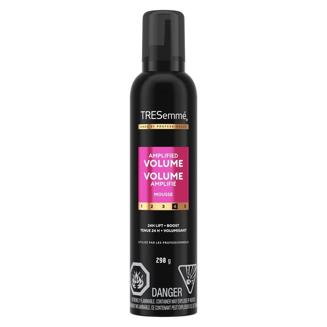 TRESemmé Mousse Amplified Volume 24H Lift + Boost, 298 g front-facing can; volumizing mousse that provides instant body, 24-hour lift and soft touchable hold without crunch, recommended after Amplified Volume shampoo and conditioner and One Step Volume Mist for extra root lift and texture; certified PETA Cruelty-Free; often used to add texture to wigs and updos.