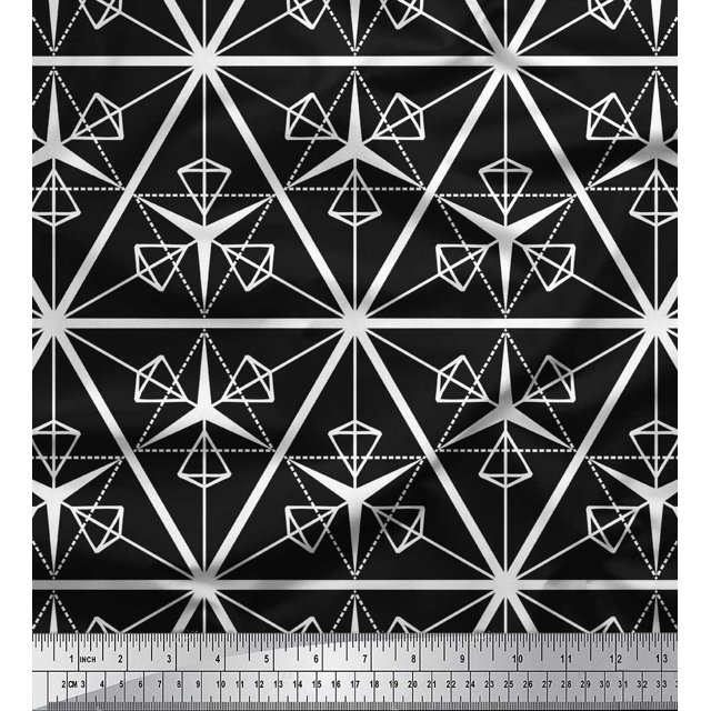 Soimoi Black polyester Crepe Fabric Diamond & Triangle Geometric Print Fabric by Yard 52 Inch Wide