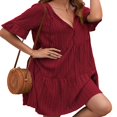 thumbnail image 4 of Women Short Sleeve Loose Dress with A-line Version  Simple Style Solid Color V-neck Summer Clothing, 4 of 6