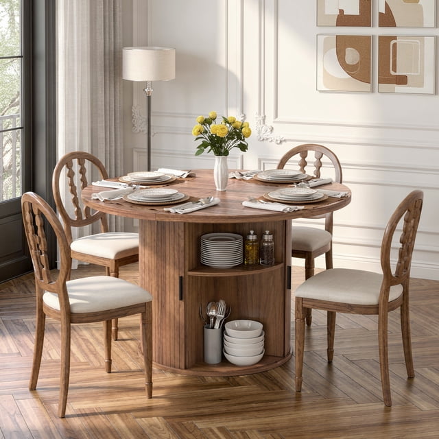 Hawsaiy 47" Round Dining Table for 4 with Sliding Door Storage Base, Waterproof Scratch-Resistant Wood Top, Modern Farmhouse Kitchen Dining Table, Walnut