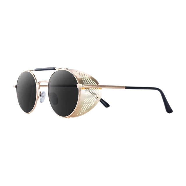 Lunettes de Soleil Rétro Rondes Steampunk Côté Vintage pour Unisexe Lentille Grise Monture Dorée