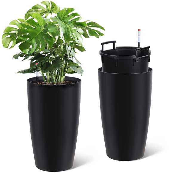 Set of 2 Tall Self-Watering Planters – 21.7" Black Plastic Flower Pots, Water Level Gauge, Drainage, Removable Inner Bucket, Built-in Handle, Modern Outdoor/Indoor Patio Planters