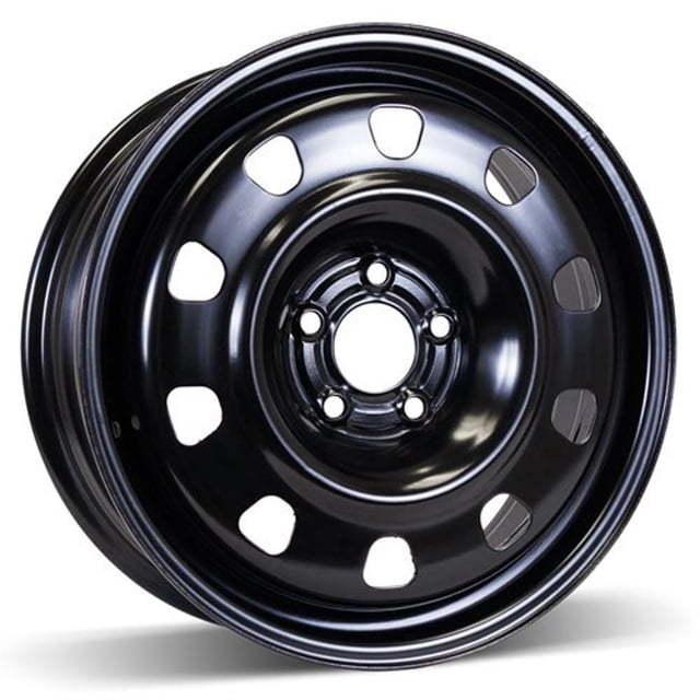 17 X 6.5 in. Steel Wheel Rims with 5-110 mm hub-centric bolt pattern, black steel automotive rim with five lug holes and eight rounded ventilation openings, designed for mounting winter tires or year-round use with hub caps.
