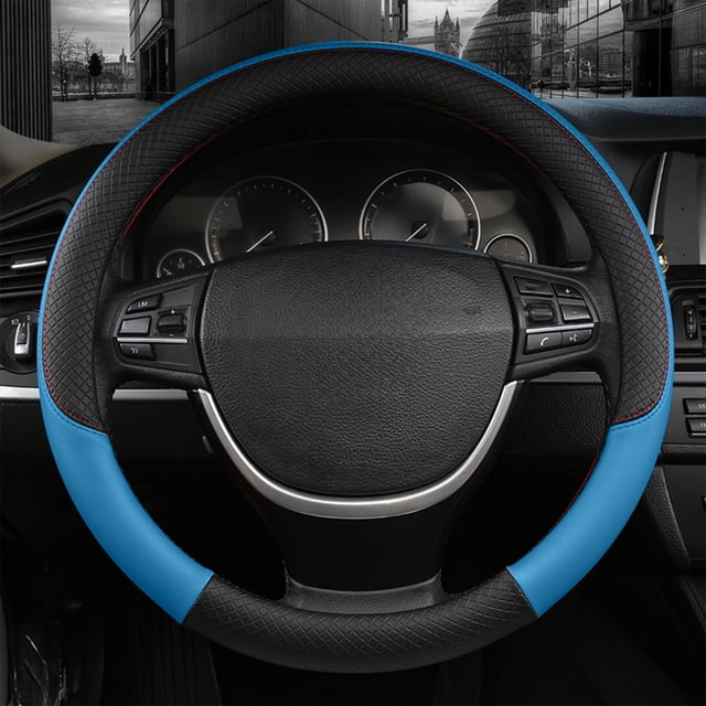 EGNMCR steering wheel cover made of durable and breathable polyurethane leather, designed for summer and four-season use. Features a blue and black embossed anti-slip texture for improved grip and handling stability. Suitable for thousands of car models, with a flexible design for easy installation and removal.