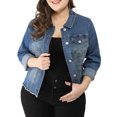 thumbnail image 2 of GRACE & GRANDEUR Women's Plus Size Washed Button Front Frayed Denim Jacket Blue 1X, 2 of 6