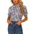 thumbnail image 1 of INSPIRE CHIC Women's Blouse Floral Ruffled Short Sleeve Ruffle Neck Casual Blouses XS Black Purple, 1 of 6