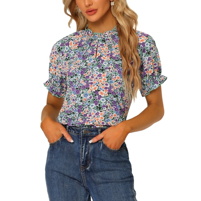 INSPIRE CHIC Women's Blouse Floral Ruffled Short Sleeve Ruffle Neck Casual Blouses XS Black Purple
