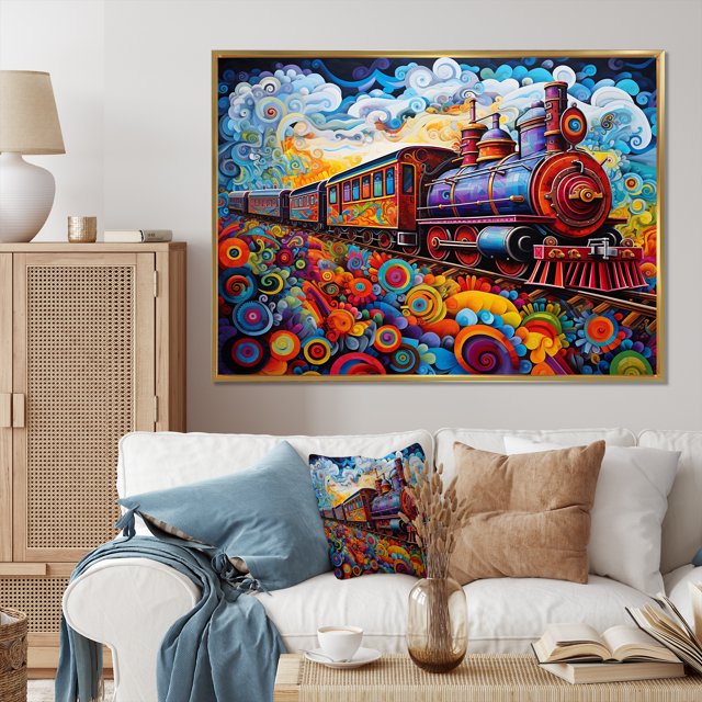 Designart train Oversized framed wall art decor, Train framed wall Art, Abstract Train curious Journey I , Multi-Color Modern Gold framed wall art, 44x34 inches Gold Frame