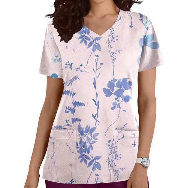 EGNMCR Sarraus pour Femmes Mode pour Femmes Col en V Imprimé de Feuilles de Plantes Manches Courtes Poche Combinaison Haut Cadeaux pour Femmes