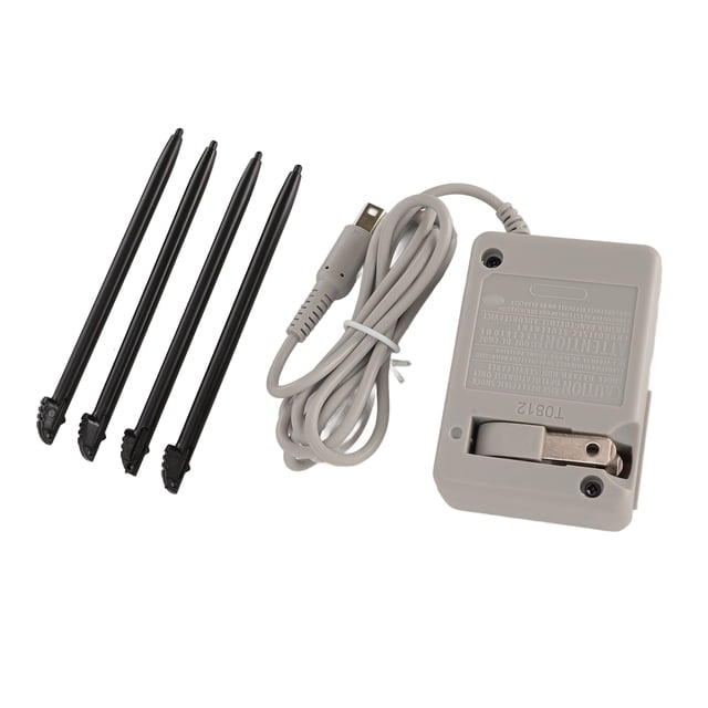 AC Adapter, Fast Charging Power Adapter Charger Enhance Gaming Experience with 4 Touch Control Pen for 3DS XL. The image shows a gray AC adapter with a 43-inch power cord and four black touch control pens, designed for the Nintendo 3DS XL gaming console. The adapter features a durable, flexible cord and is made of ABS material, ensuring enhanced gaming performance.