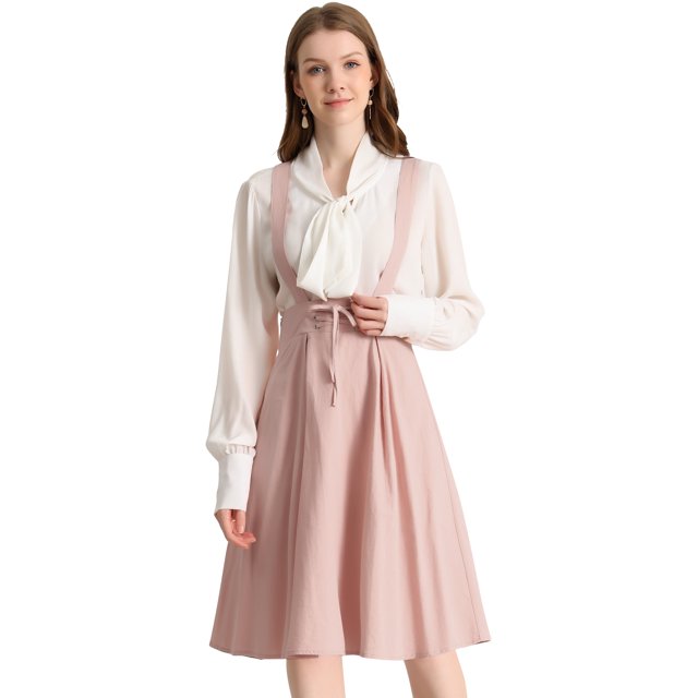 Unique Bargains Jupe Midi Plissée à Bretelles Rétro pour Femme à Taille Élastique avec Bretelles