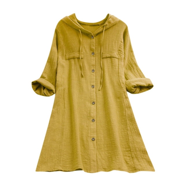 Hiiyo T-Shirt à Capuche Long en Coton et Lin pour Femmes, Manches Longues, Coupe Ample, T-Shirt, Femmes