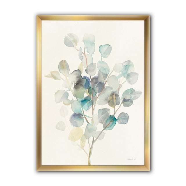 Designart Eucalyptus leaves I Framed Wall Art featuring a centered watercolor eucalyptus branch with blue and green leaves on premium cotton canvas, mounted in a 1.5-inch gold frame with included hanging hardware, ideal for adding subtle botanical style to home décor.